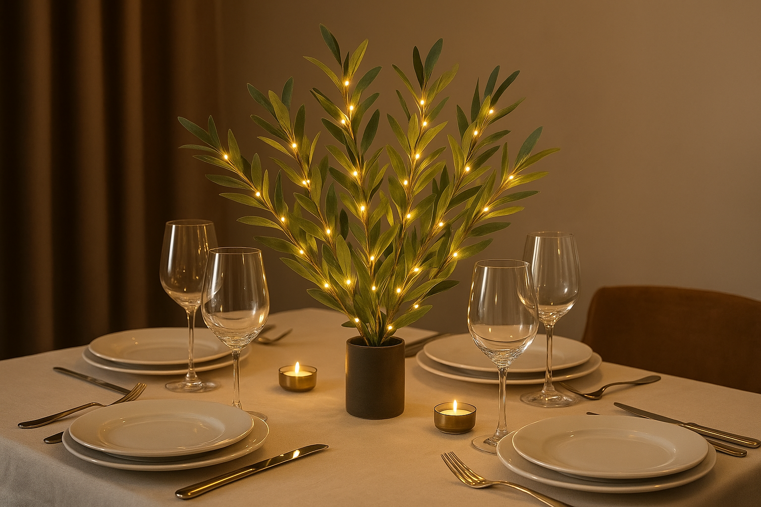 Dining table set with plates, glasses, and candles under a decorative plant with lights.