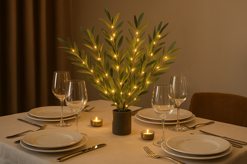 Dining table set with plates, glasses, and candles under a decorative plant with lights.