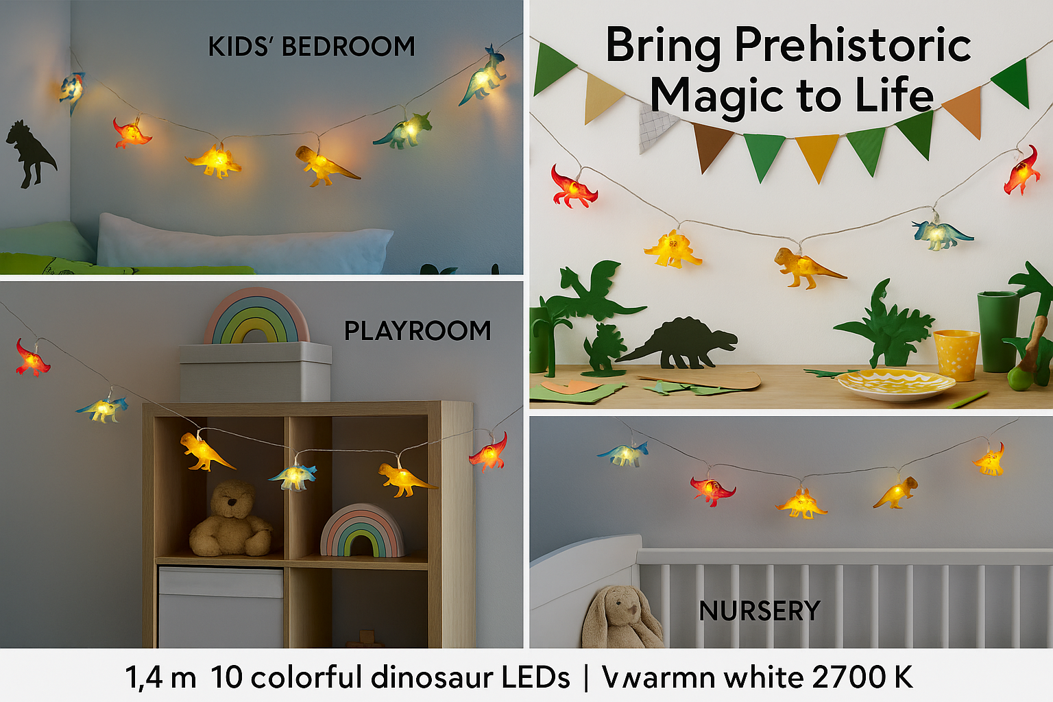Dinosaur-themed LED string lights in various rooms including a kids' bedroom, playroom, and nursery.