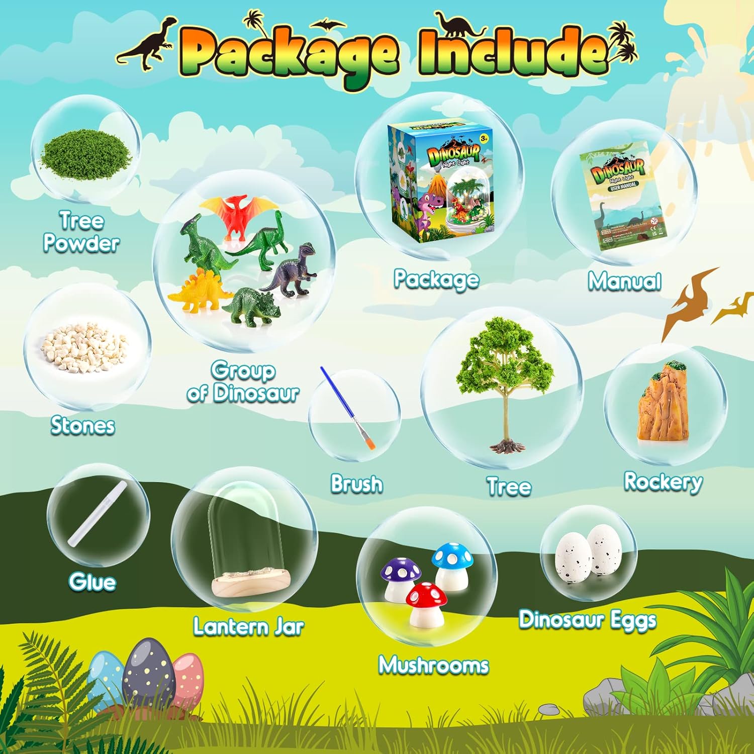 Dinosaur-themed package contents including trees, dinosaurs, and accessories on a colorful background.