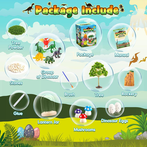 Dinosaur-themed package contents including trees, dinosaurs, and accessories on a colorful background.