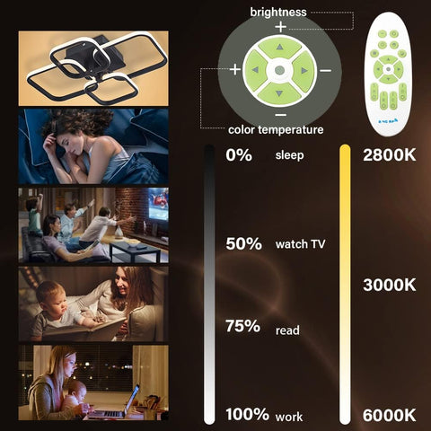 Display of a smart TV screen with various settings and scenes, including brightness, color temperature, and different usage scenarios.