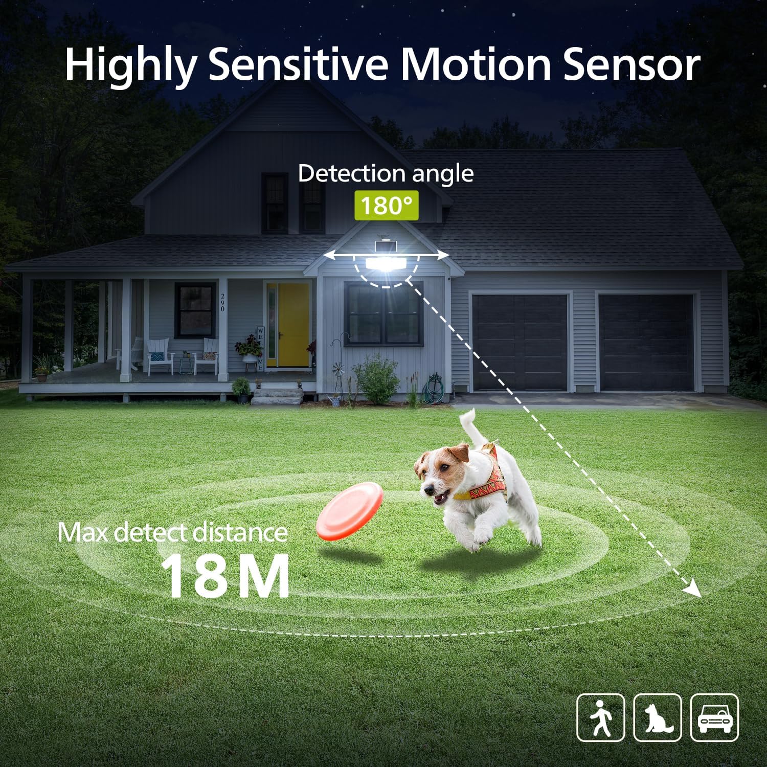 Dog playing with a frisbee in front of a house with a motion sensor diagram showing its detection range.