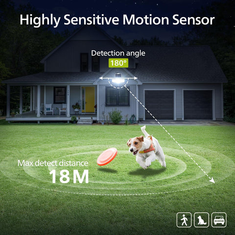 Dog playing with a frisbee in front of a house with a motion sensor diagram showing its detection range.