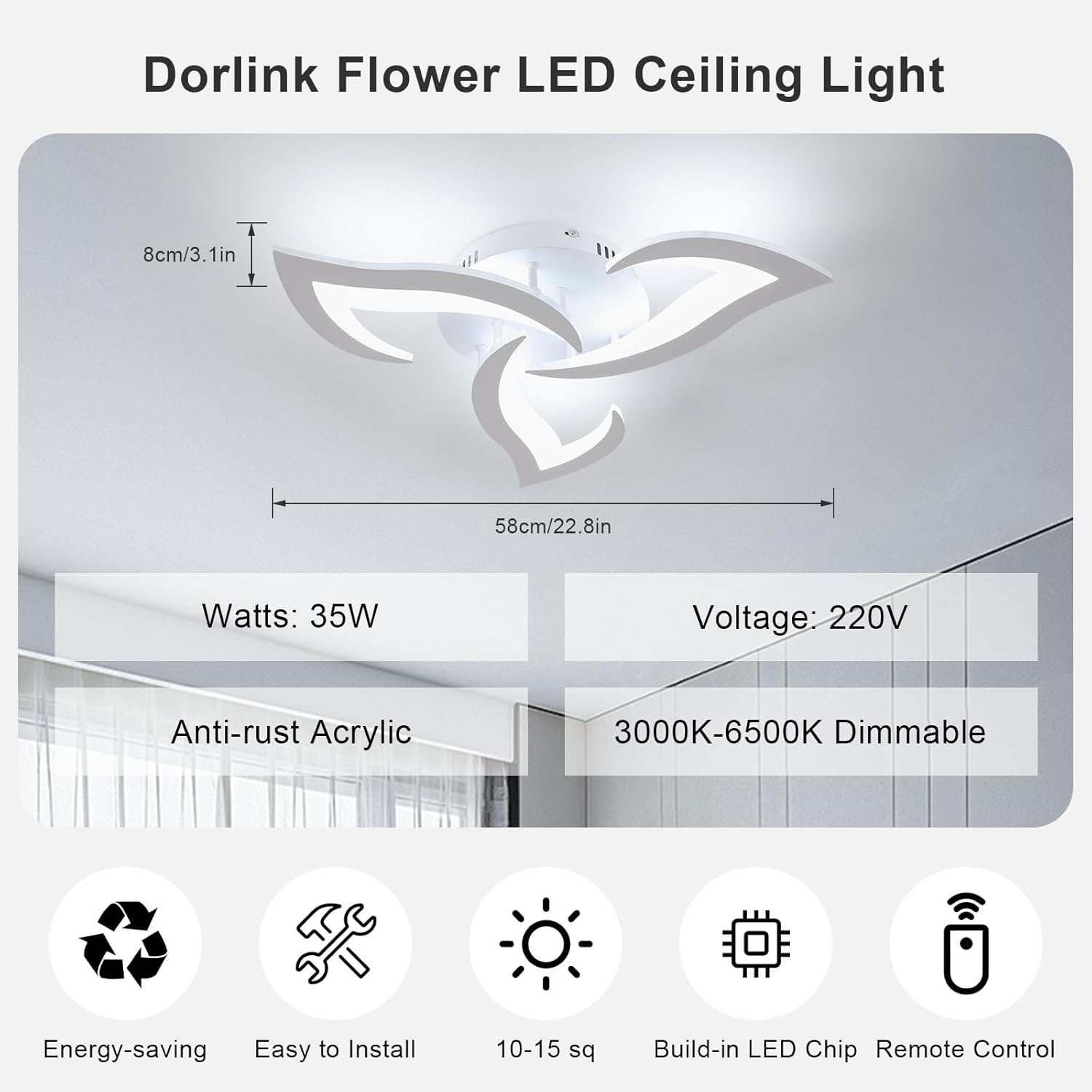 Dorlink Flower LED Ceiling Light with specifications and features on a gray background