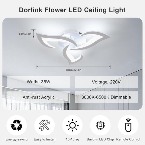 Dorlink Flower LED Ceiling Light with specifications and features on a gray background