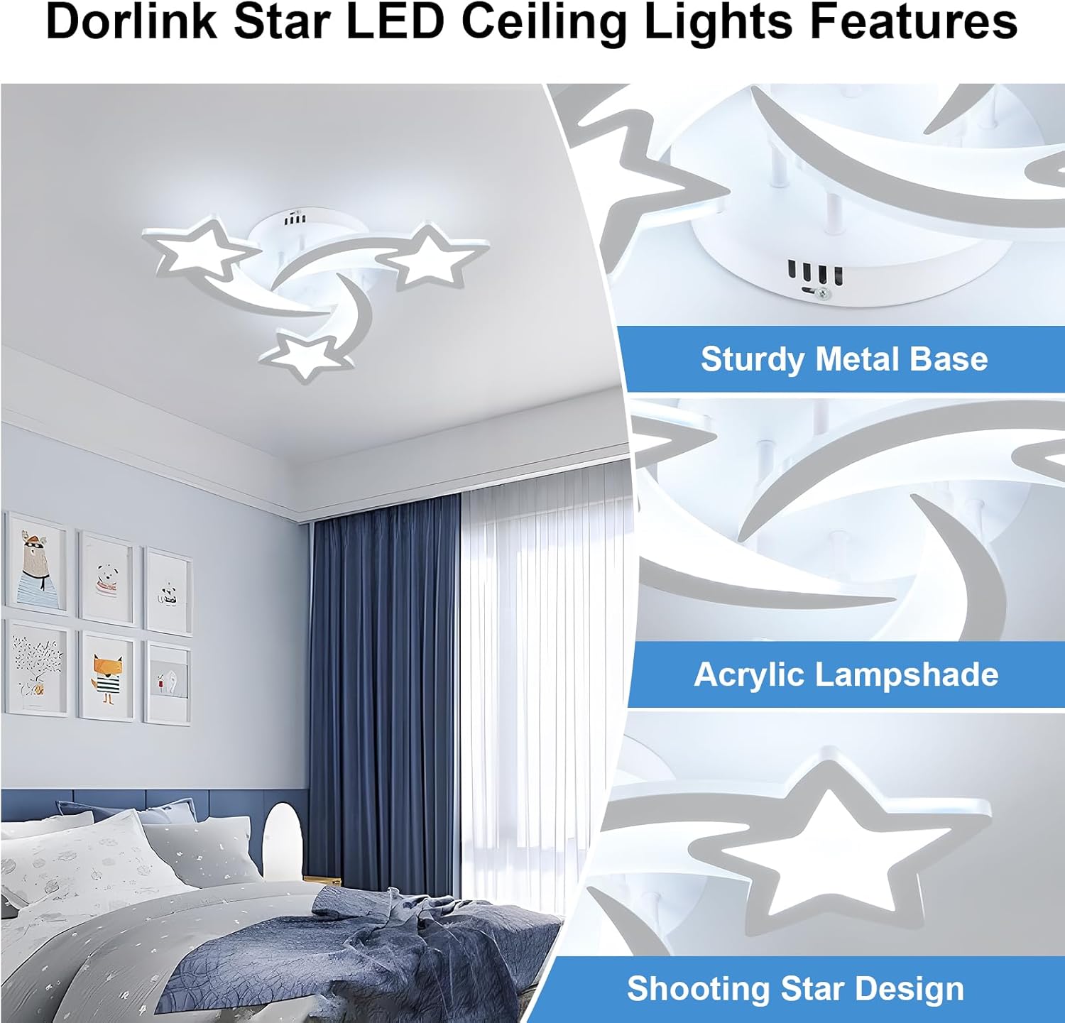 Dorlink Star LED Ceiling Lights in a bedroom setting with features highlighted.