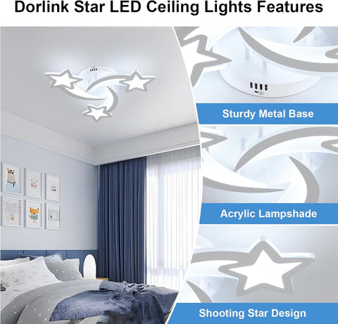 Dorlink Star LED Ceiling Lights in a bedroom setting with features highlighted.