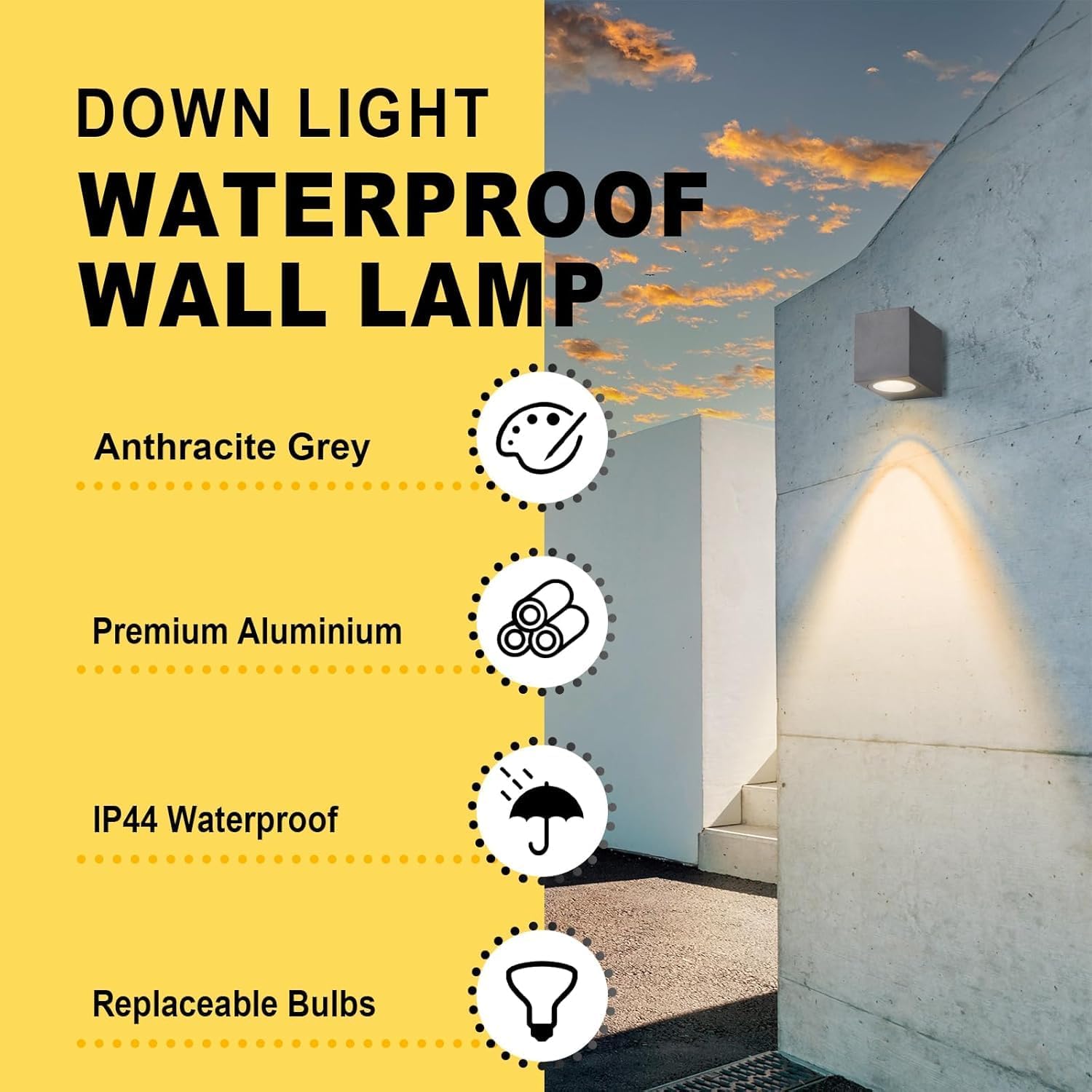 Downlight waterproof wall lamp with features listed on a yellow background