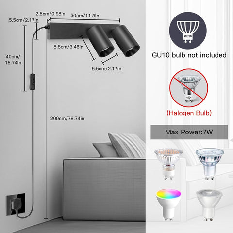 Dual black plug-in wall light – angled view

