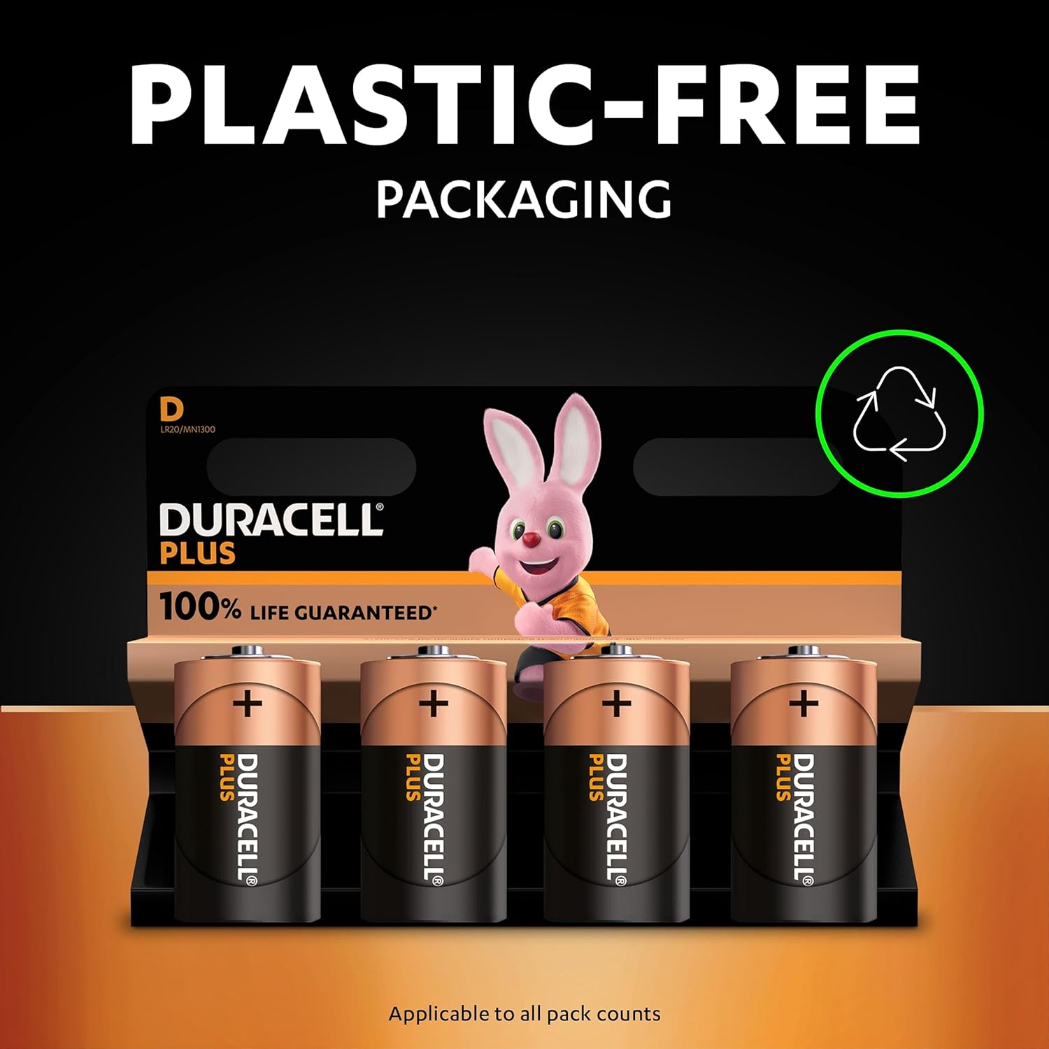 Duracell Plus batteries with a cartoon rabbit character and 'plastic-free packaging' text on a black background.