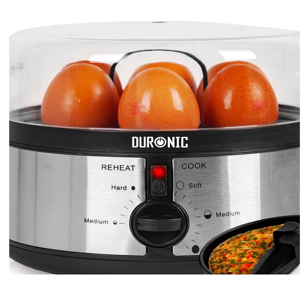 Duronic egg cooker with eggs inside on a white background
