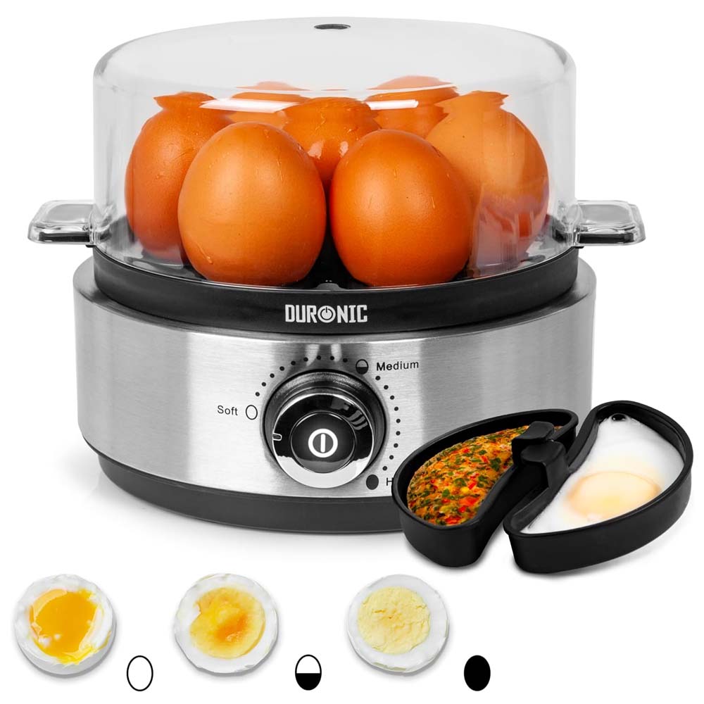 Duronic egg cooker with eggs inside, showing different cooking stages on a white background