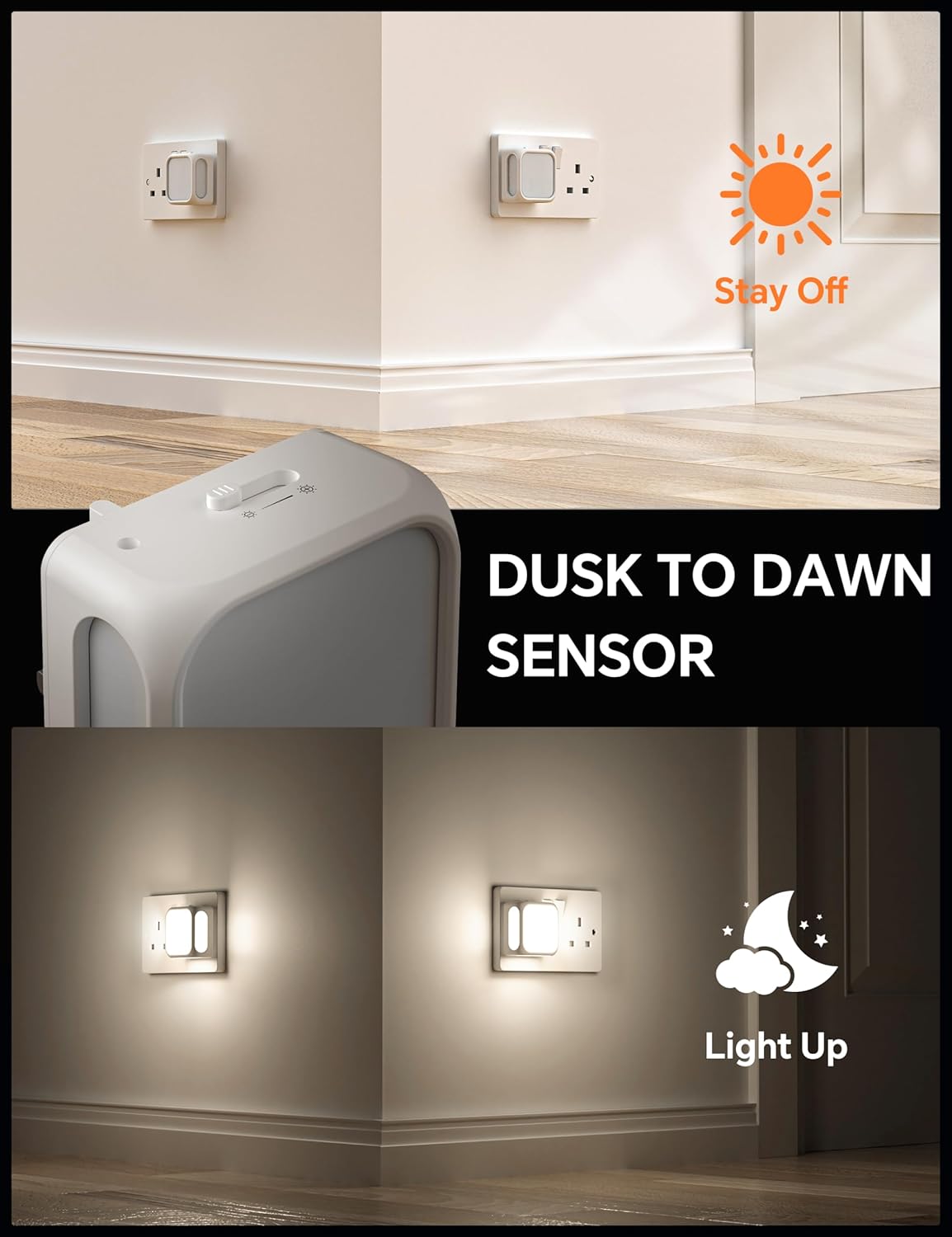 Dusk to Dawn sensor with light switch and wall-mounted sensor, showing 'Stay Off' and 'Light Up' states.