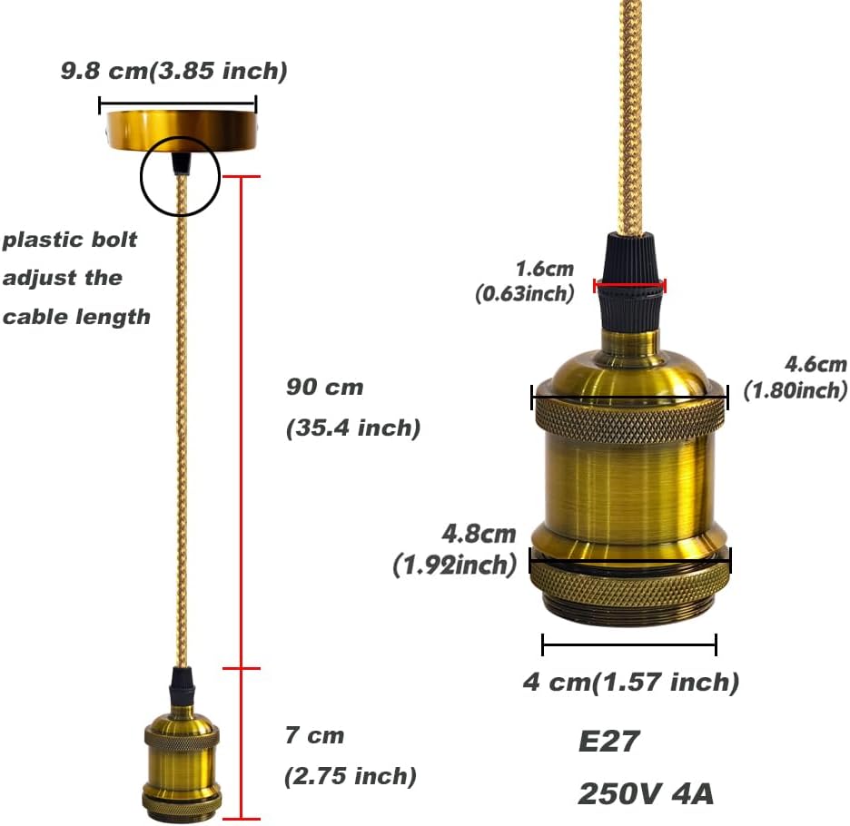 E27 Vintage Bright Brass Pendant Light Fitting with Ground Wire & 90cm Braided Cable – Ceiling Lamp Holder