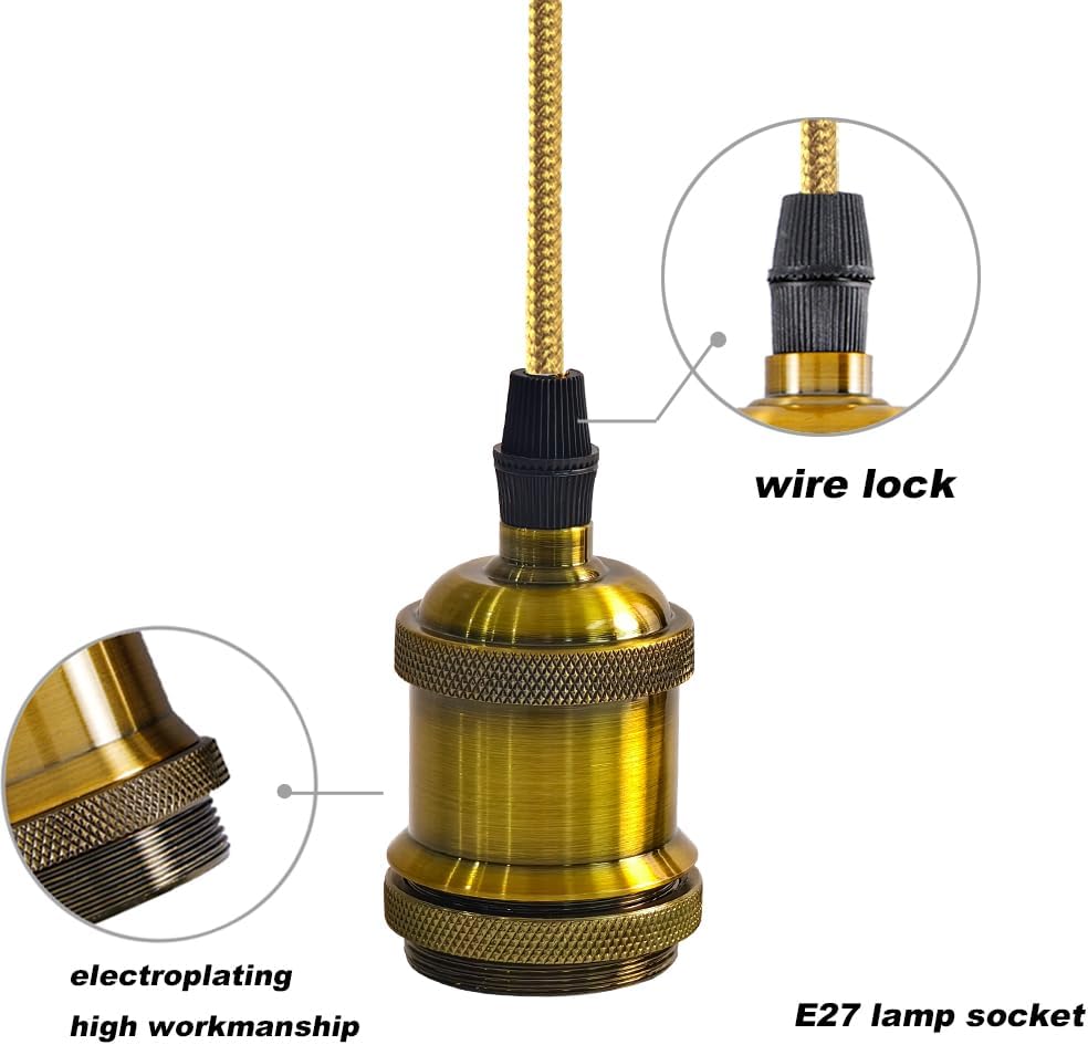 E27 Vintage Bright Brass Pendant Light Fitting with Ground Wire & 90cm Braided Cable – Ceiling Lamp Holder