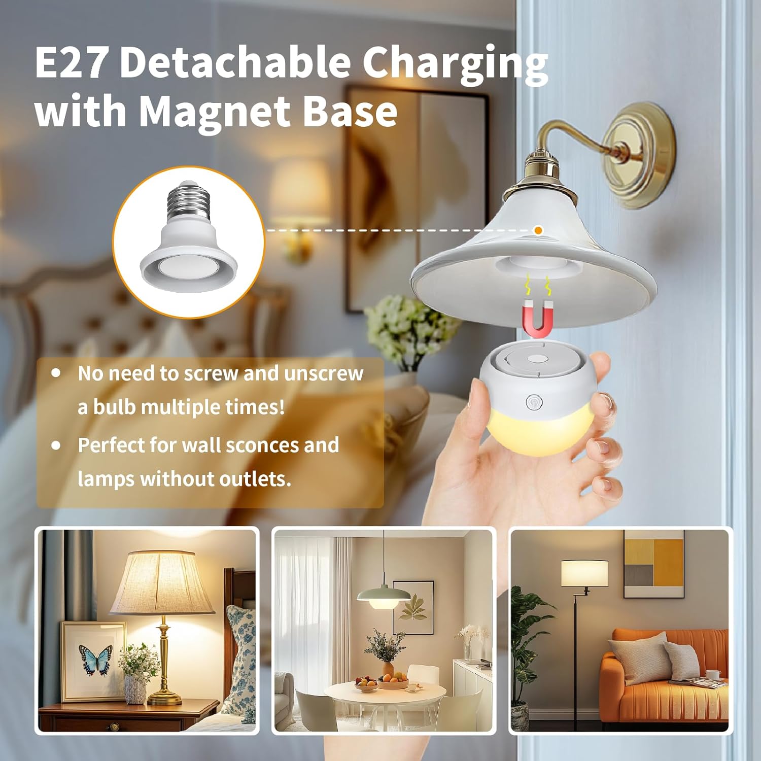E27 detachable charging bulb with magnet base in a living room setting