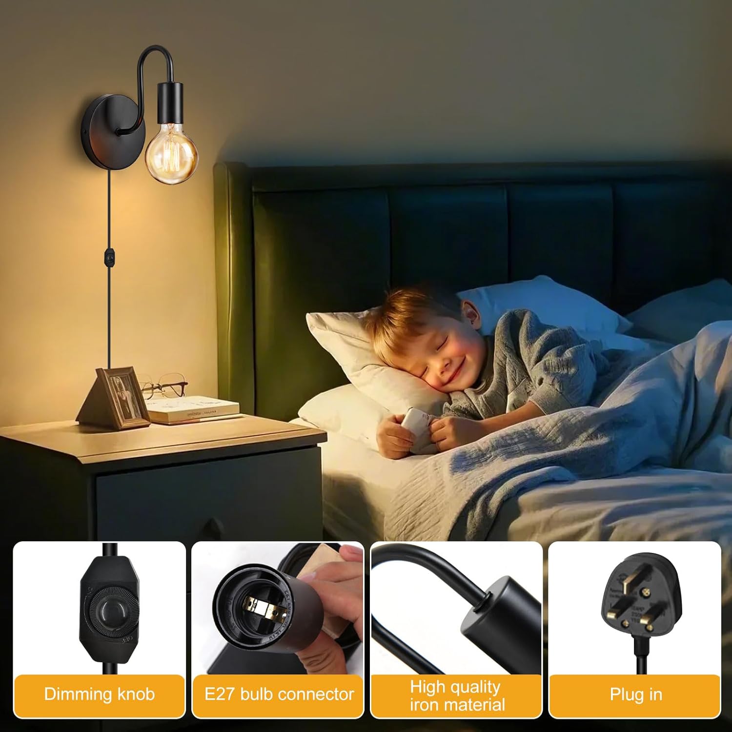 E27 plug-in wall lamp with dimmable switch

