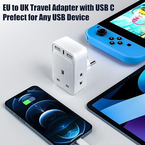 EU to UK travel adapter with USB C port on a white background with electronic devices.