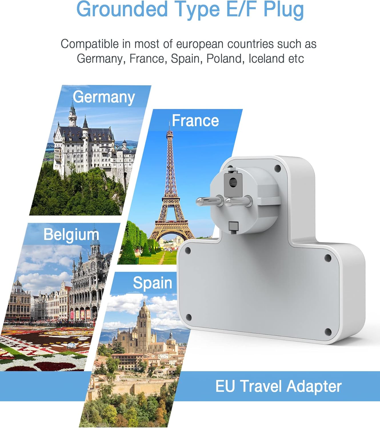 EU travel adapter with images of European landmarks and text about compatibility.