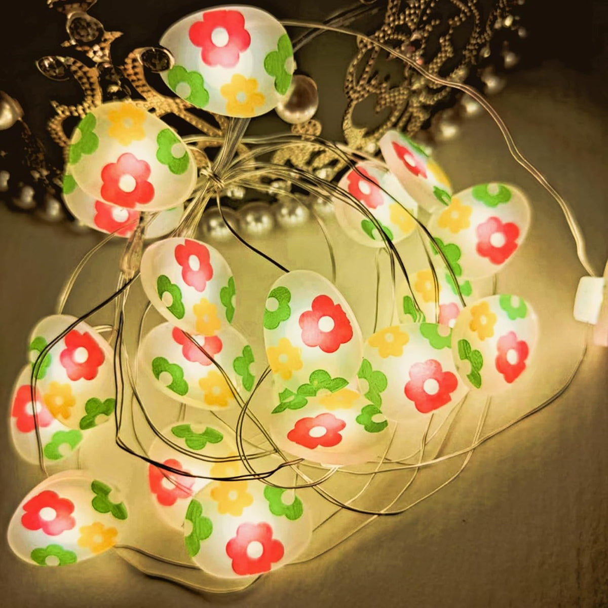 Easter LED fairy string lights with egg, bunny and chick shapes, warm white