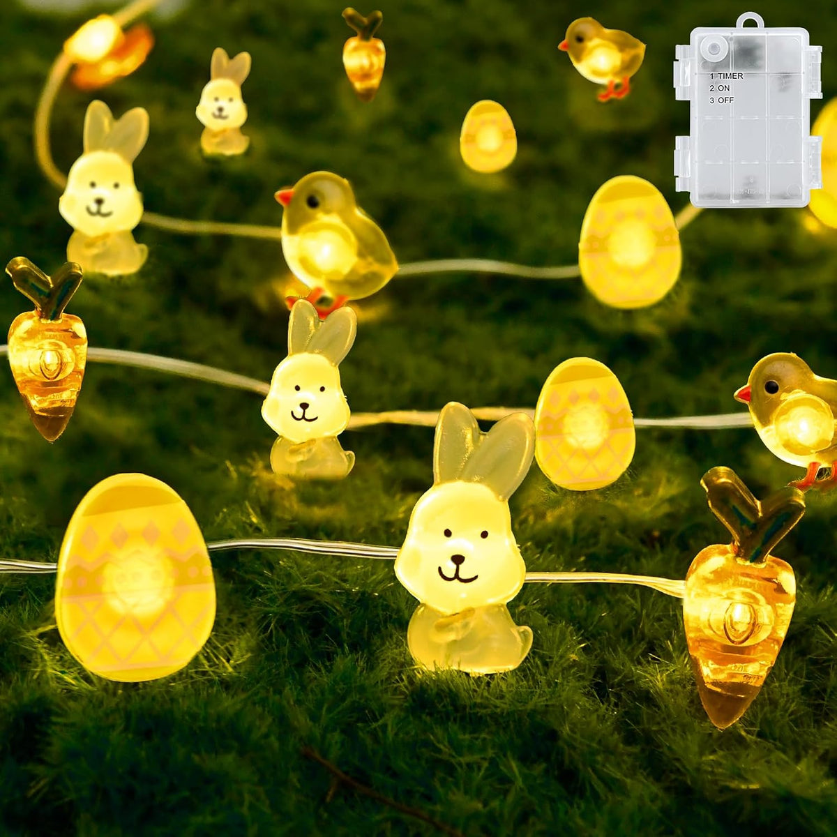 Easter LED fairy string lights with egg, bunny, chick and carrot shapes