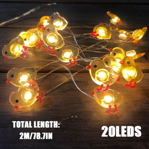 Easter LED string lights draped on mantel with chick, bunny and egg shapes