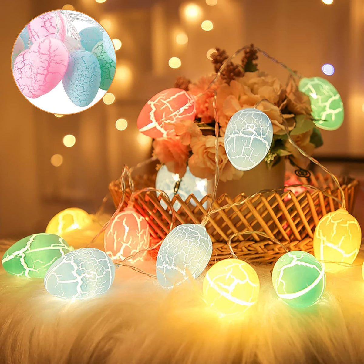 Easter egg LED fairy string lights with 10 colourful eggs, battery operated