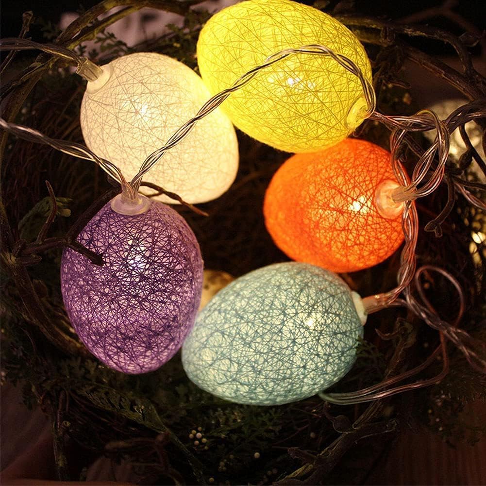 Easter egg fairy lights draped on mantel for festive décor