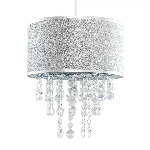 Grey fabric acrylic jewel drum pendant shade

