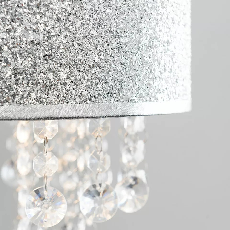 Easy Fit Lampshade Grey Fabric Acrylic Jewel Droplet Drum Pendant Shade Living Room Hallway Bedroom Light Shade + LED Bulb
