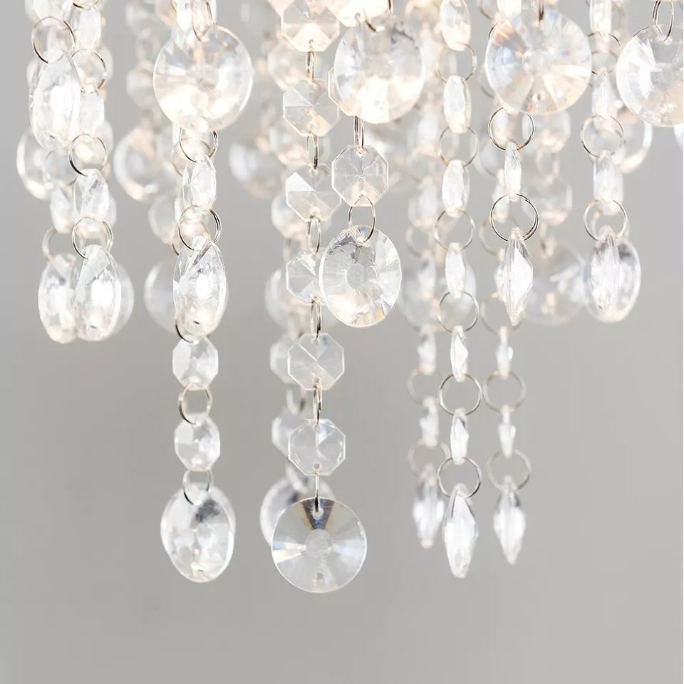 Easy Fit Lampshade Grey Fabric Acrylic Jewel Droplet Drum Pendant Shade Living Room Hallway Bedroom Light Shade + LED Bulb
