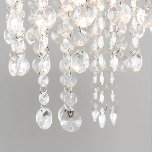 Easy Fit Lampshade Grey Fabric Acrylic Jewel Droplet Drum Pendant Shade Living Room Hallway Bedroom Light Shade + LED Bulb
