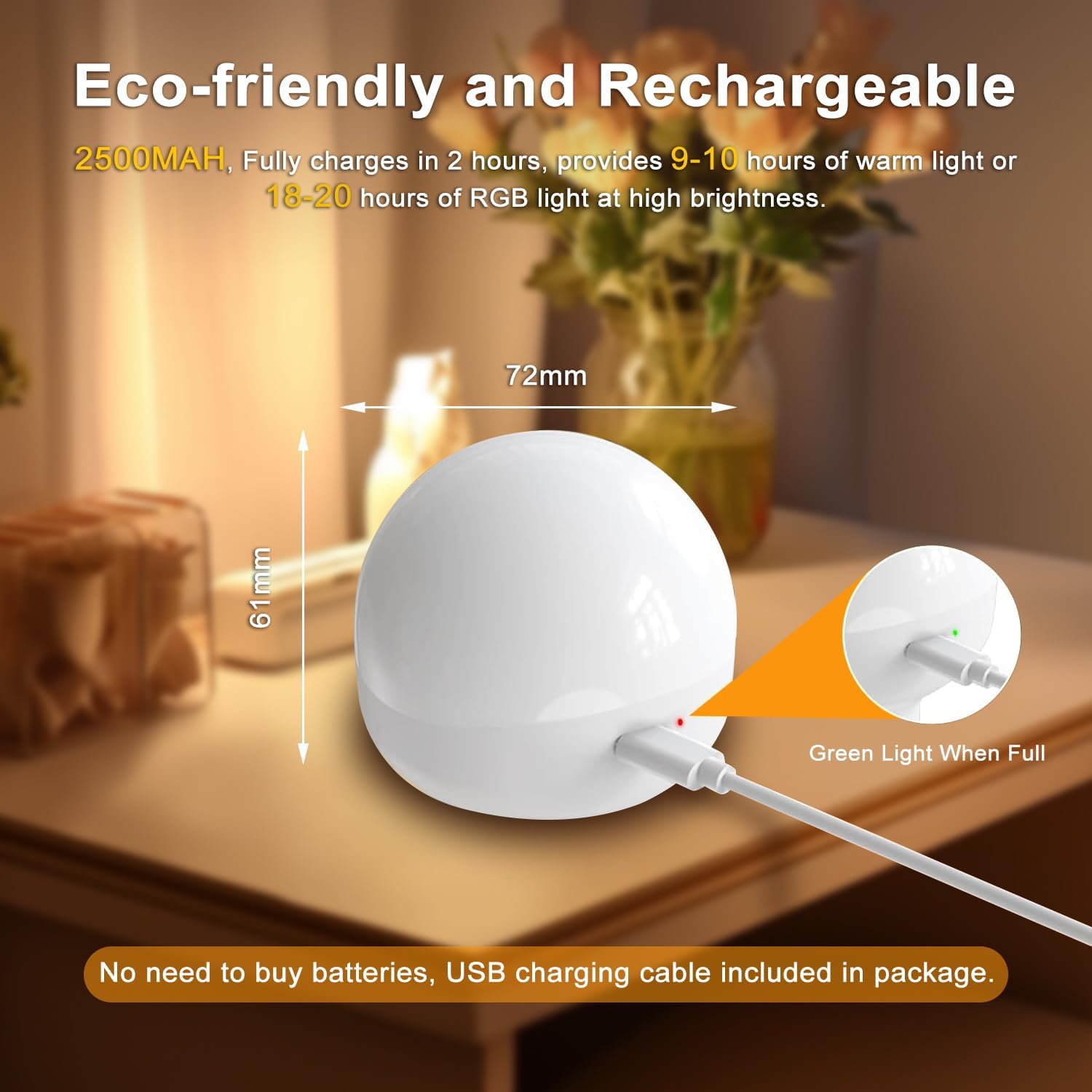 Eco-friendly rechargeable light bulb with charging cable on a table, surrounded by decorative items.