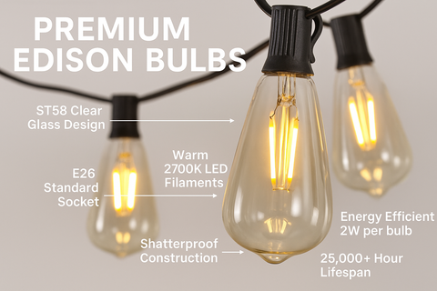 Edison bulbs with features highlighted on a white background