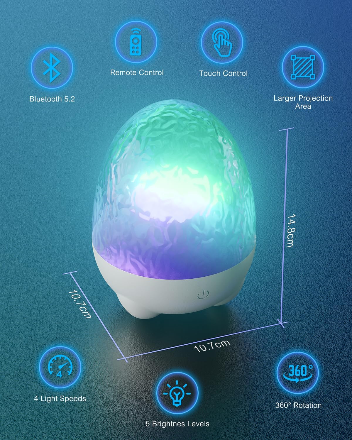Egg-shaped LED lamp with Bluetooth 5.2, remote control, touch control, larger projection area, dimensions, light speeds, and brightness levels on a blue background.