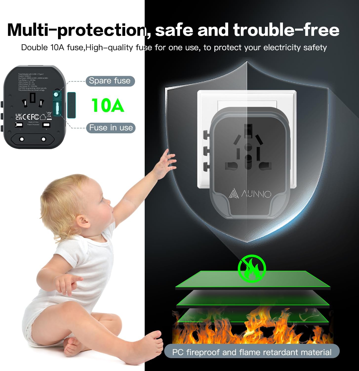 Electric plug with safety features and a child reaching towards it, emphasizing safety and protection.