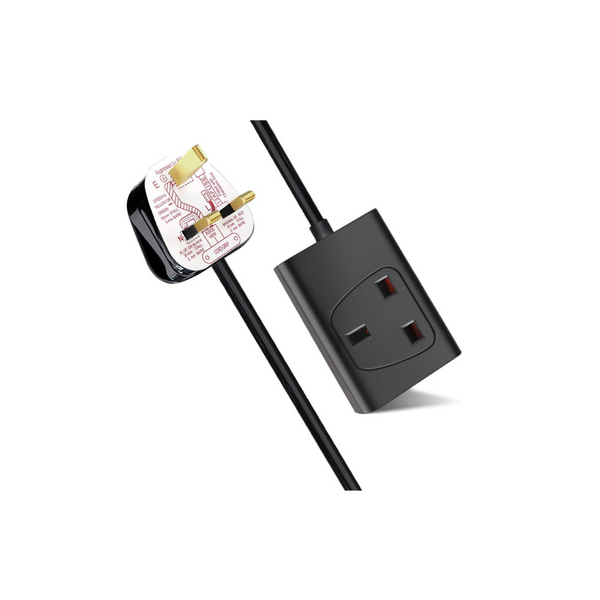 1 Way Single Socket UK Extension Lead, 13A 3-Pin Plug, 3 Metre Power Cable, Black Mains Cord
