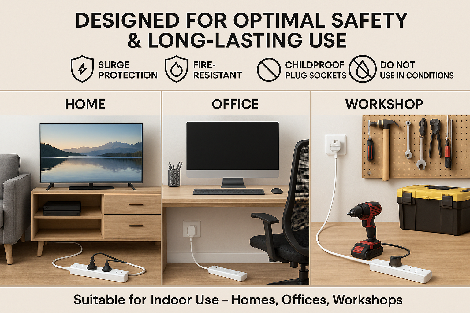 Electrical safety features highlighted in a home, office, and workshop setting with various devices and tools.