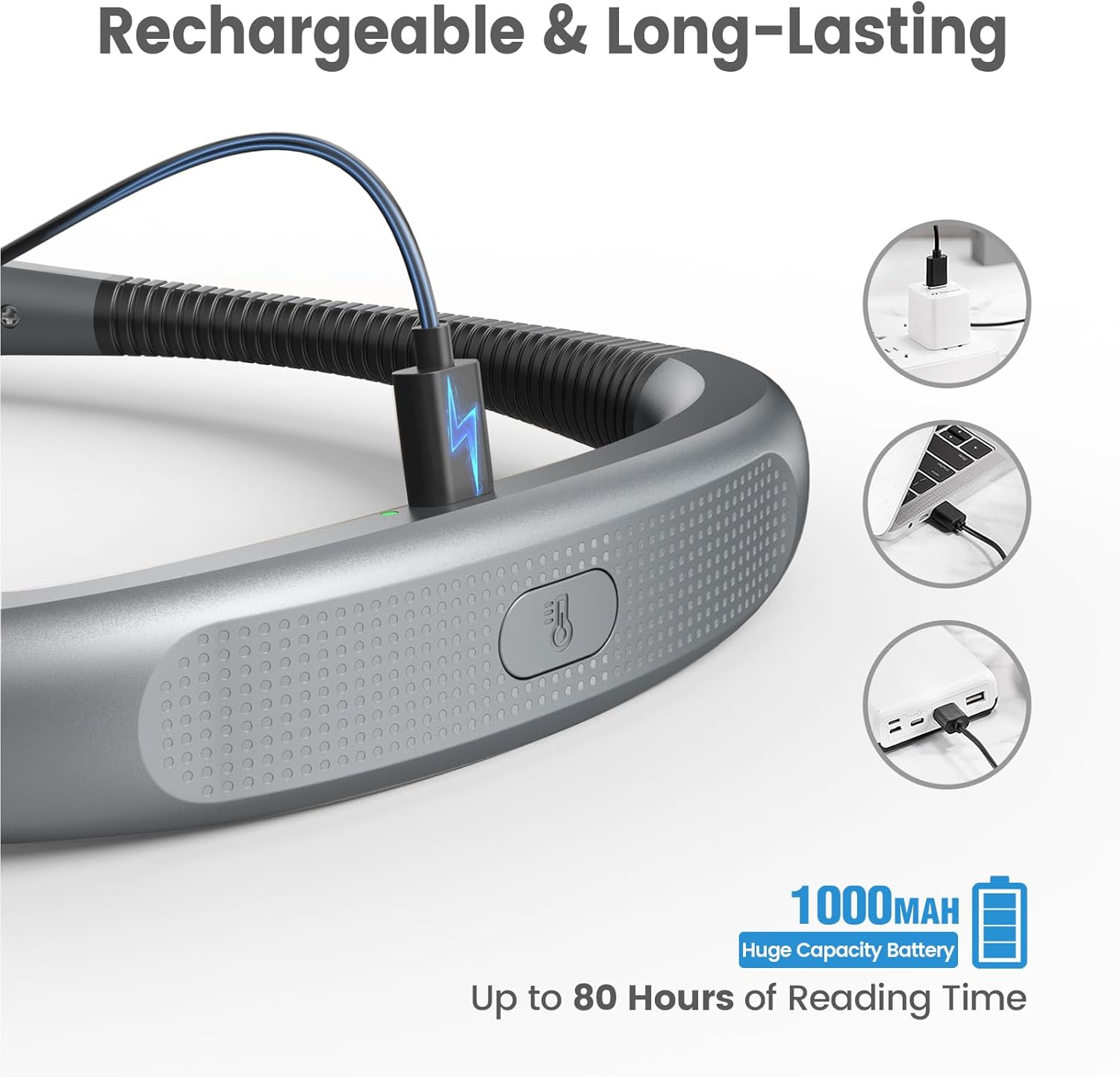 Electronic device with charging cable, labeled as rechargeable and long-lasting with 1000 mAh battery.