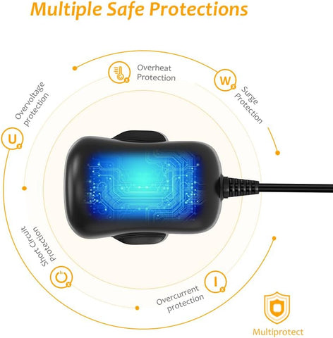 Electronic device with circuit board design, surrounded by text on safe protections on a white background.