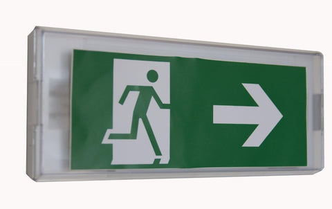 Emergency exit sign with a person icon and right arrow on a green background