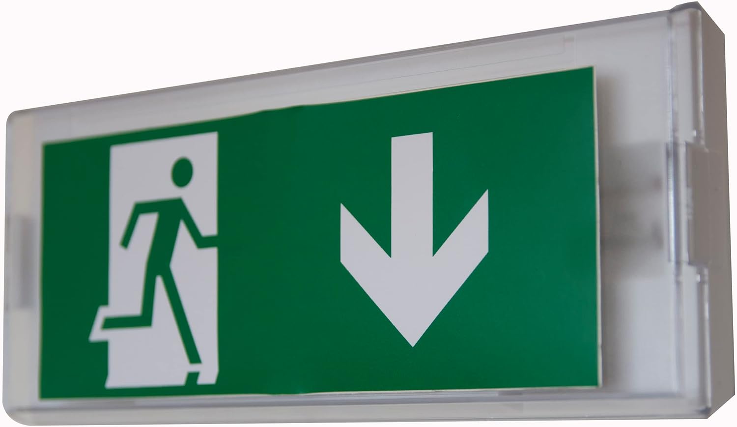 Emergency exit sign with green background and white symbols