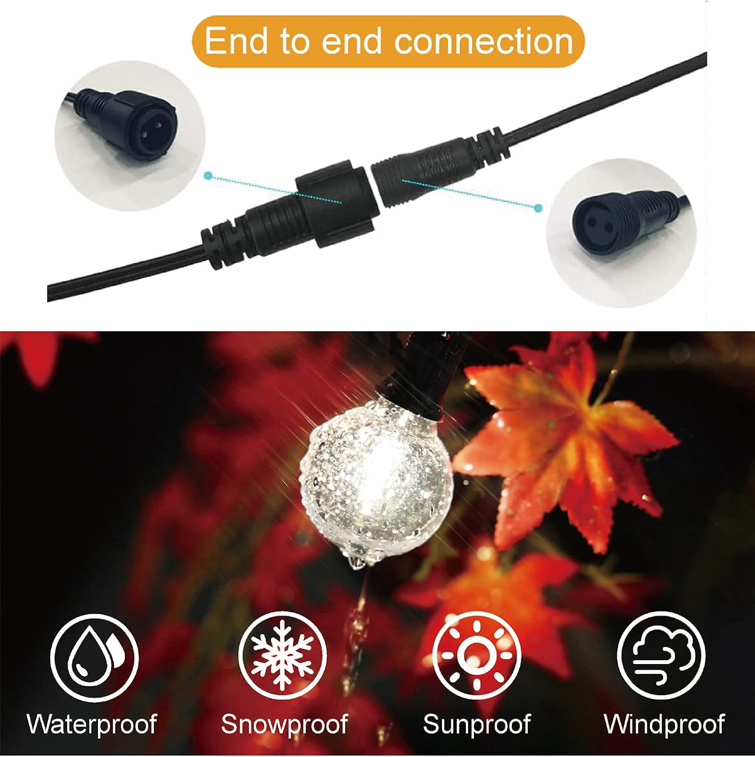 Festoon lights glowing in the rain, demonstrating IP65 waterproof rating