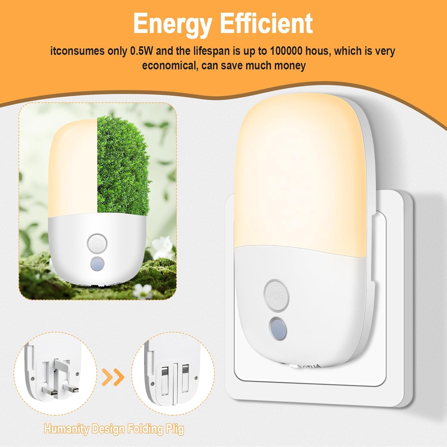 Energy-efficient night light with a green plant and text on an orange background