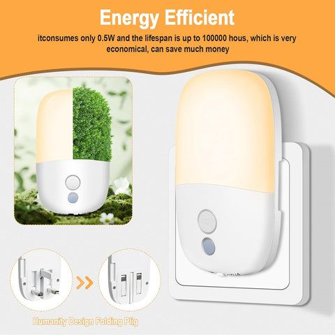 Energy-efficient night light with a green plant and text on an orange background