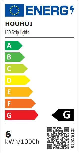 Energy efficiency label for LED strip lights with a visible brand logo.