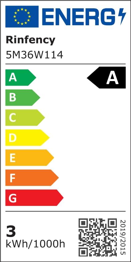Energy efficiency label for Rinfency product with color-coded rating system and QR code.