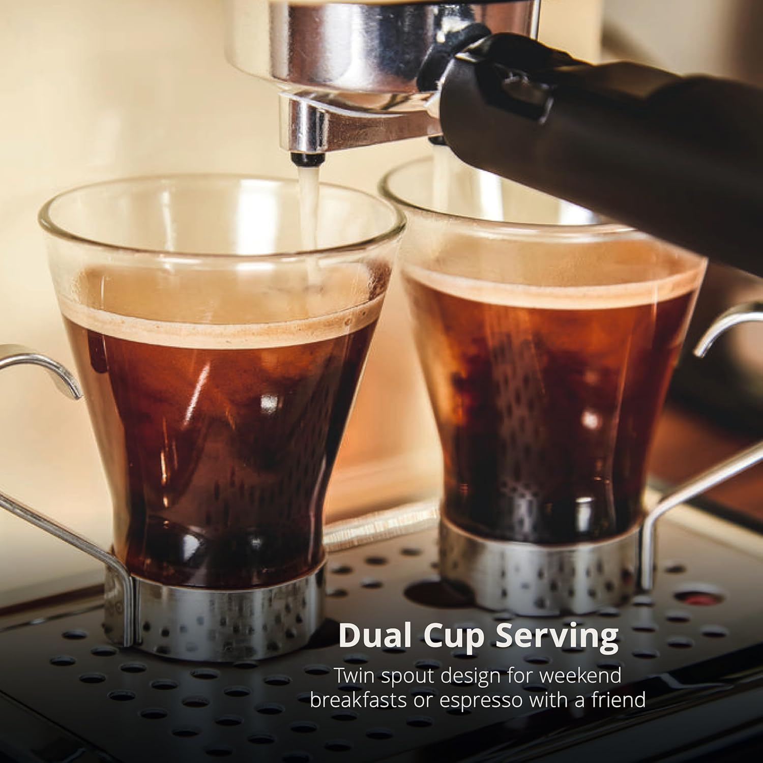 Espresso machine with two glasses of coffee being filled, labeled 'Dual Cup Serving'.