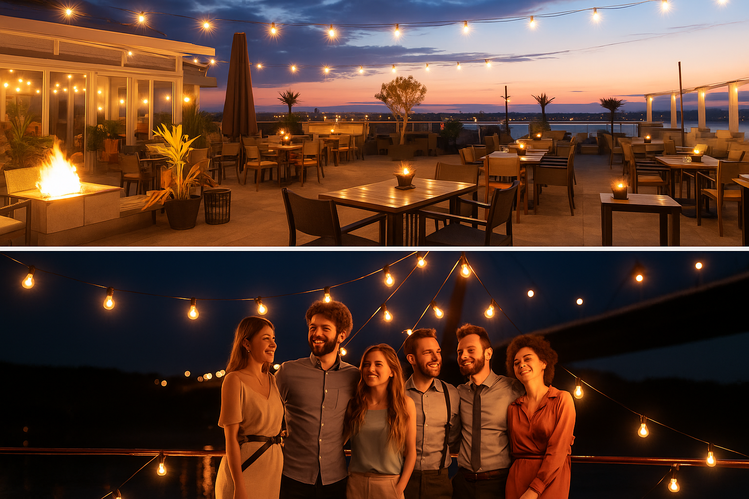 Evening outdoor setting with string lights and people posing for a photo.